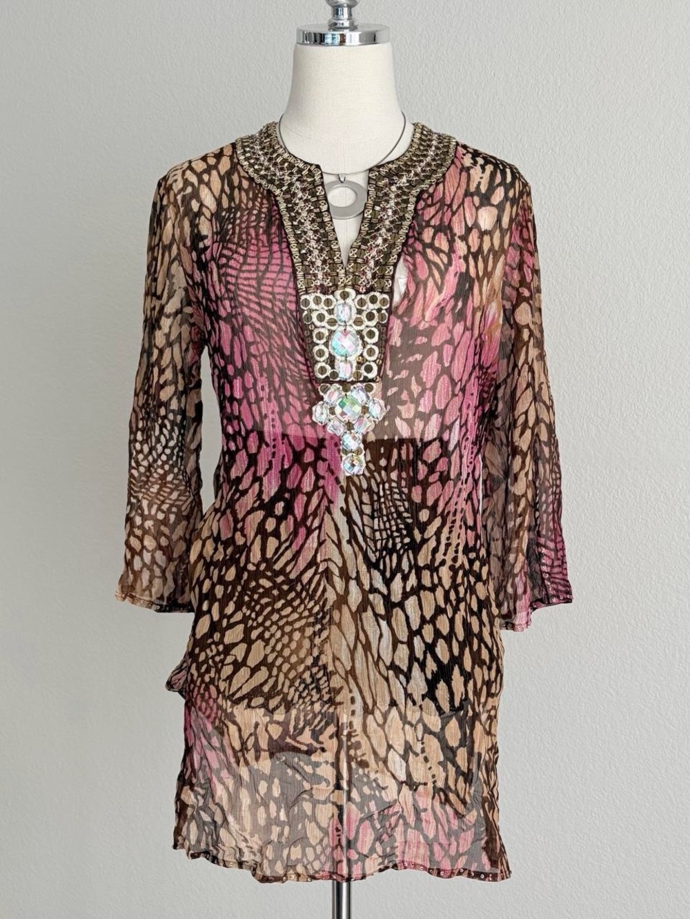 Chico's Embellished Sheer Animal-Print Tunic in Brown and Pink - Picture 4 of 8